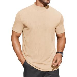 imageCOOFANDY Mens Mock Turtleneck Shirts Short Sleeve Casual Basic TShirts Ribbed Solid Pullover TopsBeige