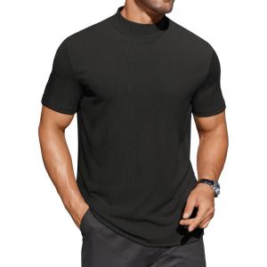 imageCOOFANDY Mens Mock Turtleneck Shirts Short Sleeve Casual Basic TShirts Ribbed Solid Pullover TopsBlack