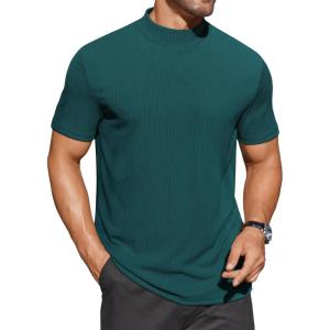 imageCOOFANDY Mens Mock Turtleneck Shirts Short Sleeve Casual Basic TShirts Ribbed Solid Pullover TopsLake Green