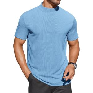 imageCOOFANDY Mens Mock Turtleneck Shirts Short Sleeve Casual Basic TShirts Ribbed Solid Pullover TopsLight Blue
