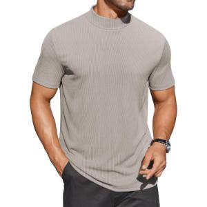 imageCOOFANDY Mens Mock Turtleneck Shirts Short Sleeve Casual Basic TShirts Ribbed Solid Pullover TopsLight Grey