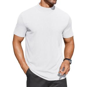 imageCOOFANDY Mens Mock Turtleneck Shirts Short Sleeve Casual Basic TShirts Ribbed Solid Pullover TopsWhite