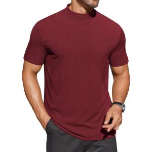 imageCOOFANDY Mens Mock Turtleneck Shirts Short Sleeve Casual Basic TShirts Ribbed Solid Pullover TopsWine Red