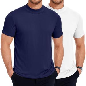 imageCOOFANDY Mens Mock Turtleneck T Shirt Short Sleeve Slim Fit Basic Casual Undershirt Solid Color Pullover TeeBwhiteNavy Blue