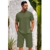 imageCOOFANDY Mens 2 Pieces Set Short Sleeve Henley Shirts and Shorts Pants Texture Summer Beach Vacation OutfitsArmy Green