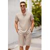 imageCOOFANDY Mens 2 Pieces Set Short Sleeve Henley Shirts and Shorts Pants Texture Summer Beach Vacation OutfitsKhaki