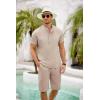 imageCOOFANDY Mens 2 Pieces Set Short Sleeve Henley Shirts and Shorts Pants Texture Summer Beach Vacation OutfitsKhaki