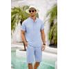 imageCOOFANDY Mens 2 Pieces Set Short Sleeve Henley Shirts and Shorts Pants Texture Summer Beach Vacation OutfitsLight Blue