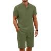 imageCOOFANDY Mens 2 Pieces Set Short Sleeve Henley Shirts and Shorts Pants Texture Summer Beach Vacation OutfitsArmy Green