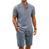 imageCOOFANDY Mens 2 Pieces Set Short Sleeve Henley Shirts and Shorts Pants Texture Summer Beach Vacation OutfitsFlecking Navy Blue