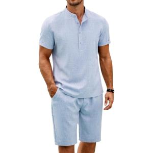 imageCOOFANDY Mens 2 Pieces Set Short Sleeve Henley Shirts and Shorts Pants Texture Summer Beach Vacation OutfitsAflecking Blue