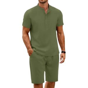 imageCOOFANDY Mens 2 Pieces Set Short Sleeve Henley Shirts and Shorts Pants Texture Summer Beach Vacation OutfitsArmy Green