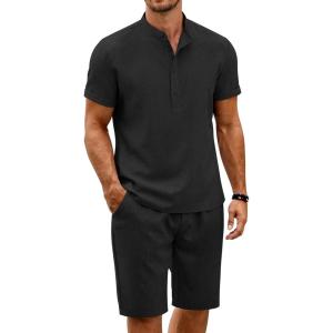imageCOOFANDY Mens 2 Pieces Set Short Sleeve Henley Shirts and Shorts Pants Texture Summer Beach Vacation OutfitsBlack