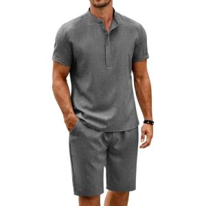 imageCOOFANDY Mens 2 Pieces Set Short Sleeve Henley Shirts and Shorts Pants Texture Summer Beach Vacation OutfitsDark Gray