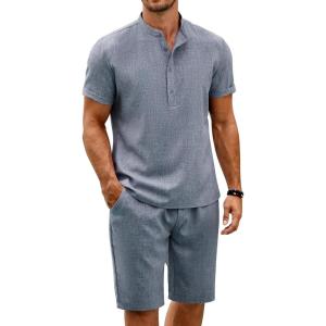 imageCOOFANDY Mens 2 Pieces Set Short Sleeve Henley Shirts and Shorts Pants Texture Summer Beach Vacation OutfitsFlecking Navy Blue
