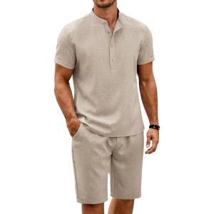 imageCOOFANDY Mens 2 Pieces Set Short Sleeve Henley Shirts and Shorts Pants Texture Summer Beach Vacation OutfitsKhaki