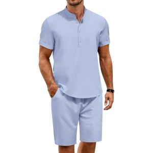 imageCOOFANDY Mens 2 Pieces Set Short Sleeve Henley Shirts and Shorts Pants Texture Summer Beach Vacation OutfitsLight Blue