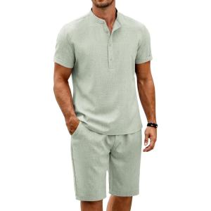 imageCOOFANDY Mens 2 Pieces Set Short Sleeve Henley Shirts and Shorts Pants Texture Summer Beach Vacation OutfitsLight Green