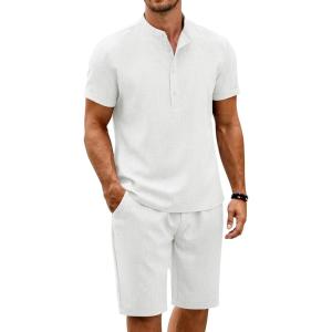 imageCOOFANDY Mens 2 Pieces Set Short Sleeve Henley Shirts and Shorts Pants Texture Summer Beach Vacation OutfitsWhite