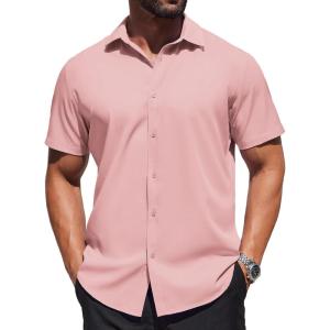imageCOOFANDY Mens Dress Shirts Button Down Short Sleeve Shirt Summer Shirts Business Casual Wedding ShirtLight Pink