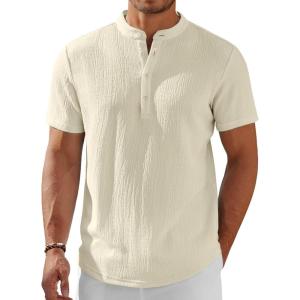 imageCOOFANDY Mens Henley Shirt Short Sleeve Stand Collar Summer Casual Beach Hippie TShirtsBeige