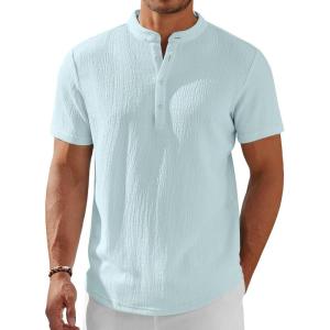 imageCOOFANDY Mens Henley Shirt Short Sleeve Stand Collar Summer Casual Beach Hippie TShirtsLight Blue