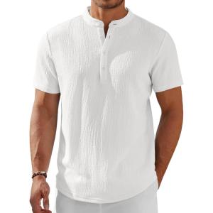 imageCOOFANDY Mens Henley Shirt Short Sleeve Stand Collar Summer Casual Beach Hippie TShirtsWhite