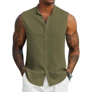 imageCOOFANDY Mens Sleeveless Summer Shirts Casual Beach Tank Tops Button Up Textured Tank Shirt for VacationArmy Green