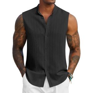 imageCOOFANDY Mens Sleeveless Summer Shirts Casual Beach Tank Tops Button Up Textured Tank Shirt for VacationBlack