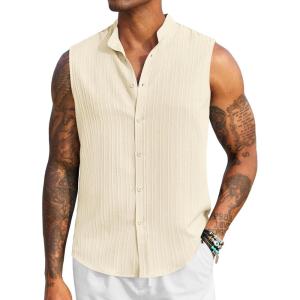 imageCOOFANDY Mens Sleeveless Summer Shirts Casual Beach Tank Tops Button Up Textured Tank Shirt for VacationCream