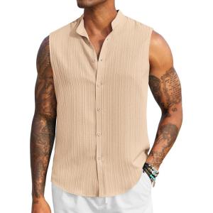 imageCOOFANDY Mens Sleeveless Summer Shirts Casual Beach Tank Tops Button Up Textured Tank Shirt for VacationKhaki