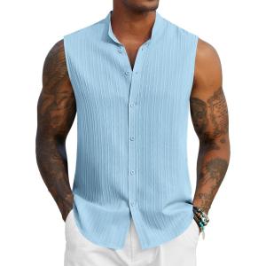 imageCOOFANDY Mens Sleeveless Summer Shirts Casual Beach Tank Tops Button Up Textured Tank Shirt for VacationLight Blue