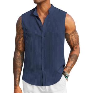 imageCOOFANDY Mens Sleeveless Summer Shirts Casual Beach Tank Tops Button Up Textured Tank Shirt for VacationNavy Blue