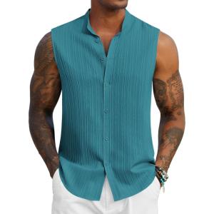 imageCOOFANDY Mens Sleeveless Summer Shirts Casual Beach Tank Tops Button Up Textured Tank Shirt for VacationTeal Blue