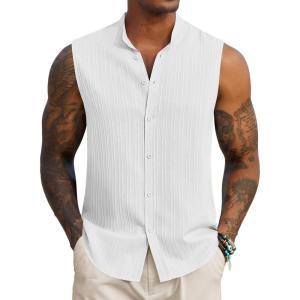 imageCOOFANDY Mens Sleeveless Summer Shirts Casual Beach Tank Tops Button Up Textured Tank Shirt for VacationWhite