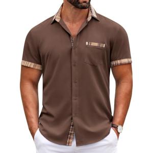 imageCOOFANDY Mens Short Sleeve Dress Shirts Casual Wrinkle Free Shirt Plaid Collar Summer Button Down ShirtsDeep Brown