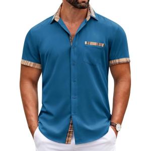 imageCOOFANDY Mens Short Sleeve Dress Shirts Casual Wrinkle Free Shirt Plaid Collar Summer Button Down ShirtsMidnight Blue