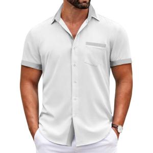 imageCOOFANDY Mens Short Sleeve Dress Shirts Casual Wrinkle Free Shirt Plaid Collar Summer Button Down ShirtsWhitelight Grey