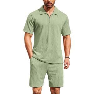 imageCOOFANDY Mens 2 Pieces Outfits Casual Quarter Zip Polo Shirt and Shorts Set Athletic Jogging Summer TracksuitLight Green
