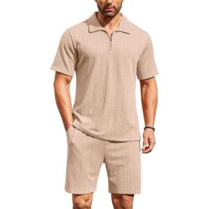 imageCOOFANDY Mens 2 Pieces Outfits Casual Quarter Zip Polo Shirt and Shorts Set Athletic Jogging Summer TracksuitLight Khaki