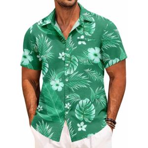 imageCOOFANDY Mens Casual Linen Shirt Short Sleeve Button Down Shirt Summer Beach Hawaiian ShirtsPalm Leafgreen
