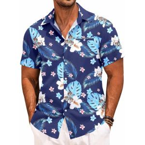 imageCOOFANDY Mens Casual Linen Shirt Short Sleeve Button Down Shirt Summer Beach Hawaiian ShirtsTropical Floralblue
