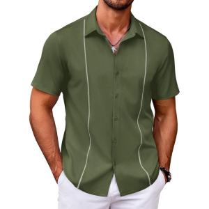 imageCOOFANDY Mens Cuban Guayabera Shirt Short Sleeve Button Down Shirts Casual Summer Beach ShirtsArmy Green
