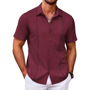 imageCOOFANDY Mens Cuban Guayabera Shirt Short Sleeve Button Down Shirts Casual Summer Beach ShirtsBurgundy