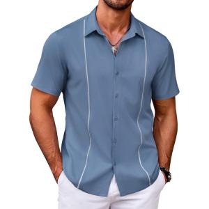 imageCOOFANDY Mens Cuban Guayabera Shirt Short Sleeve Button Down Shirts Casual Summer Beach ShirtsGrayish Blue