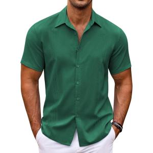 imageCOOFANDY Mens Cuban Guayabera Shirt Short Sleeve Button Down Shirts Casual Summer Beach ShirtsGreen