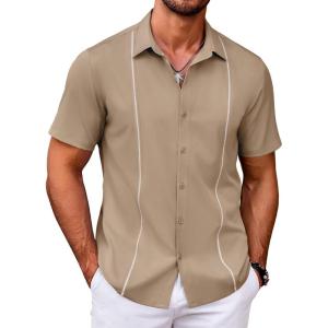 imageCOOFANDY Mens Cuban Guayabera Shirt Short Sleeve Button Down Shirts Casual Summer Beach ShirtsKhaki