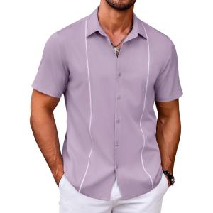 imageCOOFANDY Mens Cuban Guayabera Shirt Short Sleeve Button Down Shirts Casual Summer Beach ShirtsLavender