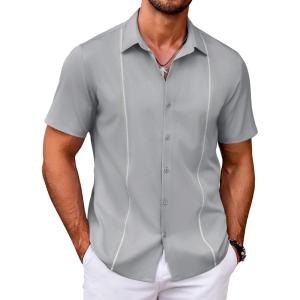 imageCOOFANDY Mens Cuban Guayabera Shirt Short Sleeve Button Down Shirts Casual Summer Beach ShirtsLight Grey