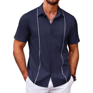 imageCOOFANDY Mens Cuban Guayabera Shirt Short Sleeve Button Down Shirts Casual Summer Beach ShirtsMidnight Blue